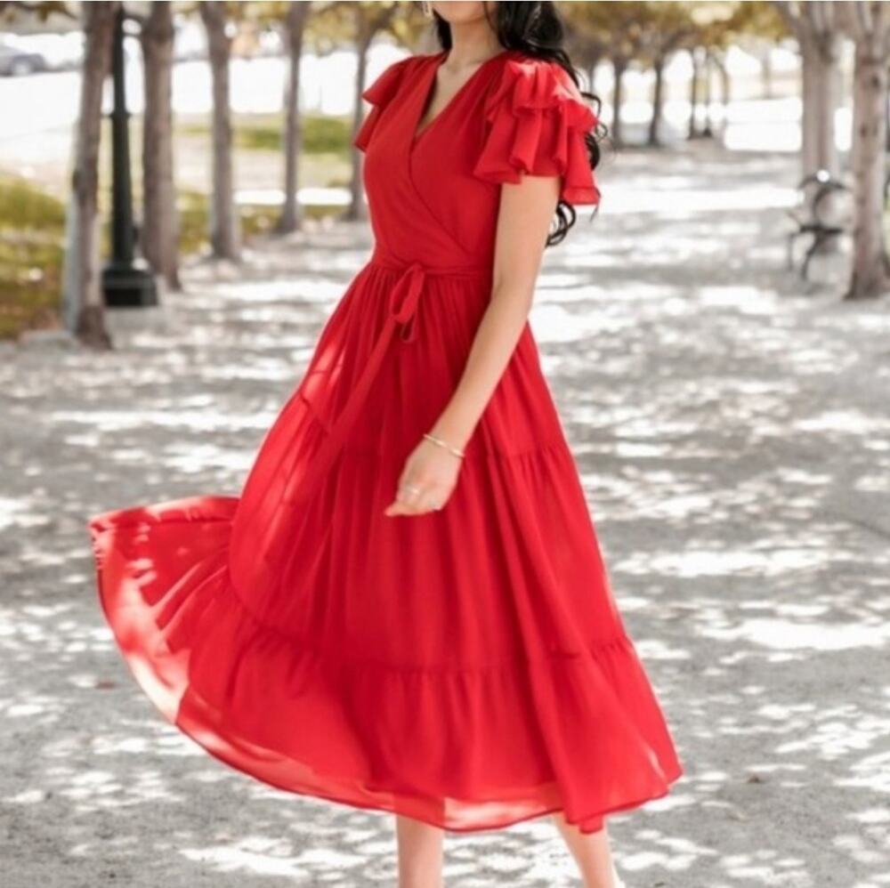 Rachel Parcell Red Ruffle Sleeve Tiered Maxi Dress Faux Wrap SMALL Anthropologie